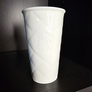 Starbucks 2012 Ivory White Quilted Siren Ceramic Tumbler Travel Mug 10 Oz Lid